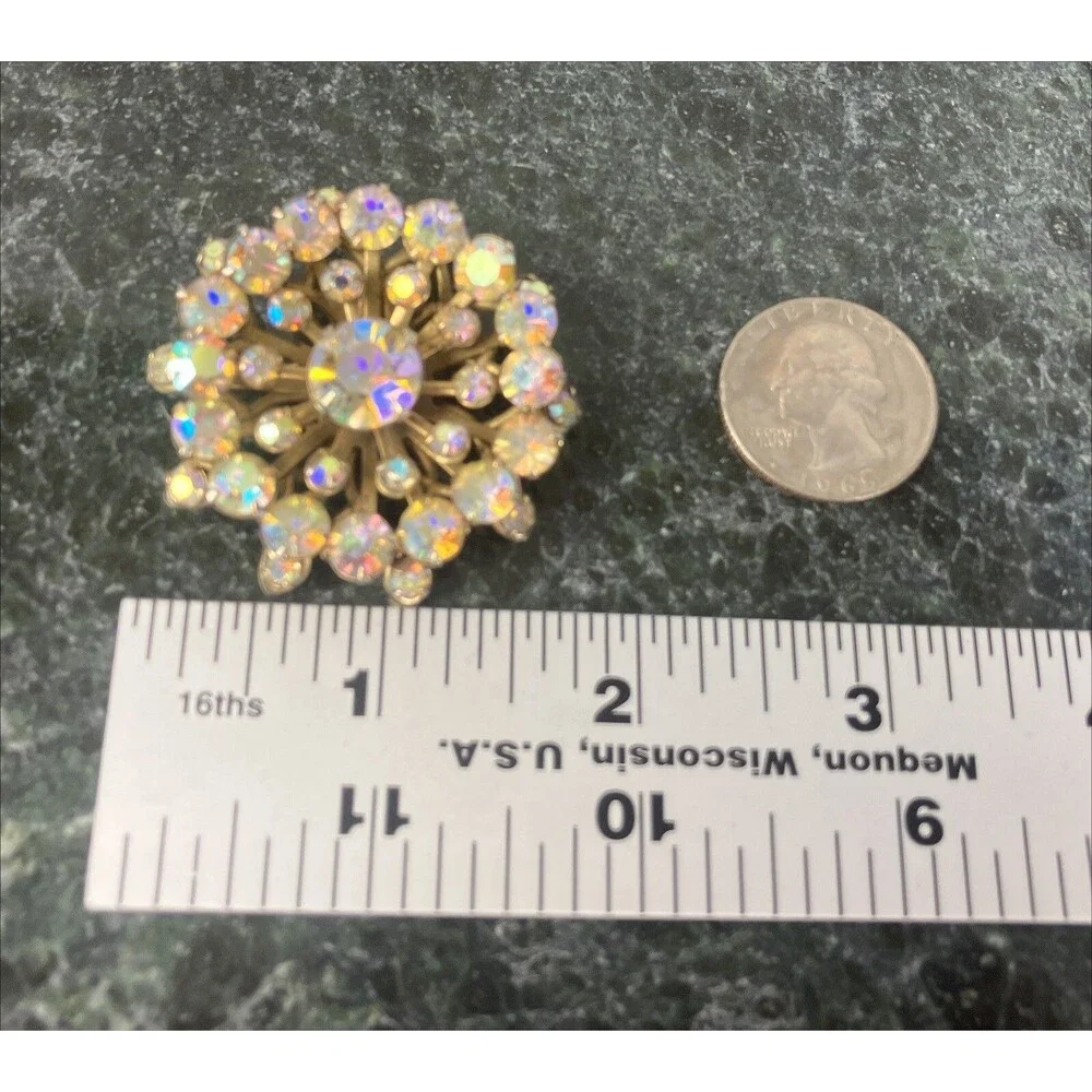 Vintage Aurora Borealis Starburst Brooch Goldtone Prong Set Rhinestones